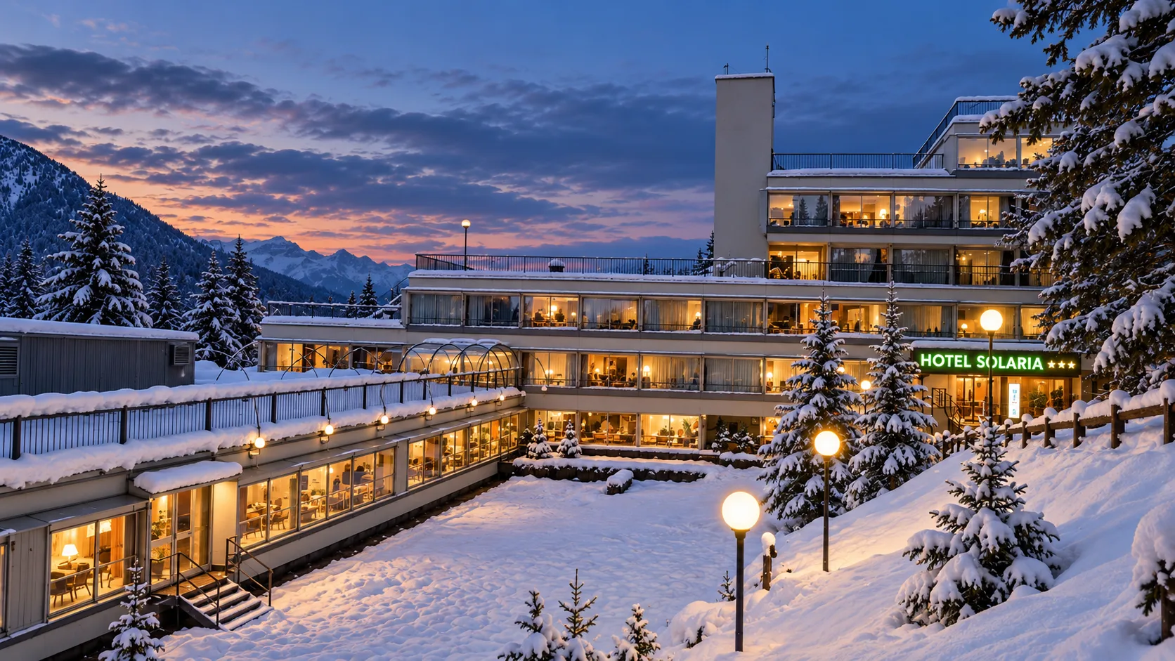 Facciata illuminata dell'Hotel Solaria al crepuscolo con neve e luci calde